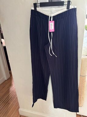 Edikted Navy Pinstripe Drawstring Trousers with White Waist